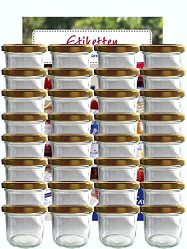 hocz 25x Marmeladengläser 125 ml Set | Deckel Gold TO 66 | mit Etiketten NZ | Einmachgläser mit Schraubdeckel zum befüllen | Sturzgläser für Marmelade | Schraubgläser | leere Gläser | 25 Stück