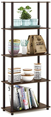 Furinno TURN-N-TUBE Storage Shelves, 5-Tier Book Shelf, Corner Shelf, Toolless Open Shelves, for Organization and Storage, Living Room, Garage, Home Office, Walnut