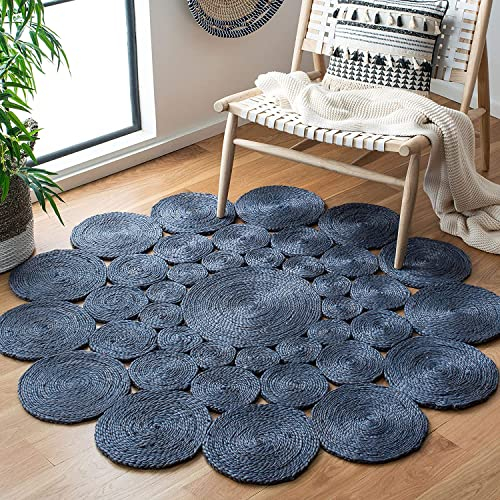 Vipanth Exports Juteteppich, natürlich, handgeflochten, Kreisdesign, runder Teppich für Wohnzimmer, Blau, 120 x 120 cm