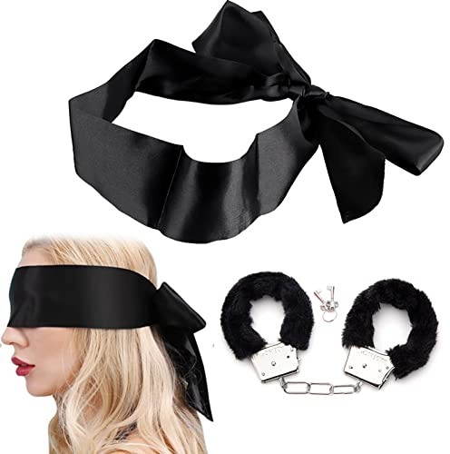 Fluffy Handcuffs, Metal Handcuff with 2 Keys, Sleep Eye Mask Play,Cosplay Costume Props for Cosplay,Valentine's Gift Handcuffs Prop Dress Ball Party (Black)