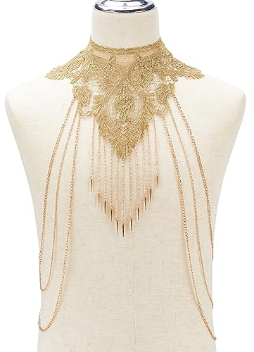 FINGERINSPIRE Boho Gold Körperketten Blumen Spitze Quasten Körperkette Spitze Bikini Körperkette Legierung Schulter BH Körperkette Sexy Spitze Schulter Halskette Kette Bikini Körperkette Für Frauen