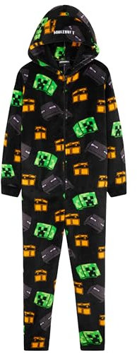 Minecraft Fleece Jumpsuit Kinder Jungen Schlafoverall mit Kapuze, Gamer Geschenke für Kinder Teenager (Schwarz/Mehrfarbig, 7-8 Jahre)