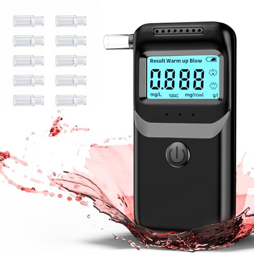 ZukQvrivelig Alcoholimetro, Alcoholimetro Homologado con Pantalla Digital LCD Azul y 10 Boquillas - Alcoholímetro Precisión de Grado, Alcolimetros Personal para Uso Doméstico y Profesional