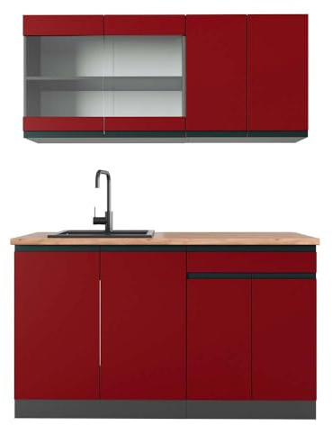 Vicco Singleküche R-Line, Rot, 140 cm J-Shape, AP Eiche, zur flexiblen Erweiterung mit weiteren Modulen geeignet