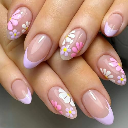 Irikdescia 24 Stück Kurze Press On Nails, Mandelform Künstliche Nägel, French Tip Fake Nails mit Blumen, Kunstnägel zum Aufkleben, DIY Maniküre für Frauen und Mädchen