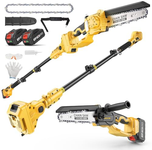 APROTII Perche Élagueuse Télescopique Électrique 8000mAh, Mini Tronçonneuse sans Fil 6 Pouces avec 2 Batteries et Chargeur, Tête Pivotante à 180°, Légère et Maniable pour Tailler les Hautes Branches