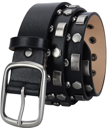 Cintura Unisex in Vera Pelle con Borchie, Cinture in Pelle di Vacchetta da Uomo con Rivetti Punk Rock con Borchie Cinture per Jeans Nero, per Pantaloni Jeans(A,115cm/waist:38~40)
