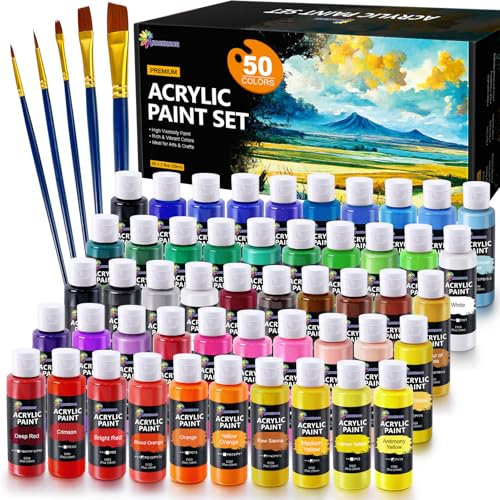 ESSENSON Acrylic Paint Set for Art, 50 Colours 2oz/59ml Bottles, Acrylic Paints Supplies for Artists, Beginners Adults on Canvas Rocks Wood Ceramic Fabric