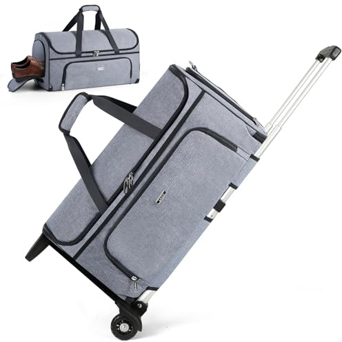Lekespring Borsa porta Abiti Convertibile 3 in 1 con Ruote, Rimovibile Trolley Borse per Indumenti da Viaggio con Scomparto Scarpe, Grande Borsone da Viaggio con Ruote Uomo, Viaggi D'affari, Grigio