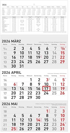 Zettler 3-Monatskalender klein 2026 – Wandkalender 24 × 34 cm faltbar, 3 Monate auf 1 Blatt mit Datumschieber, Wochenzählung, Mondphasen, Feiertage, Landschaftsmotiv, deutsch, B4-Versandtasche