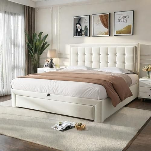 Lubvtti Letto imbottito 140 x 190 cm, con contenitore idraulico e 2 cassetti, con rete a doghe e testiera, velluto, beige (senza materasso)