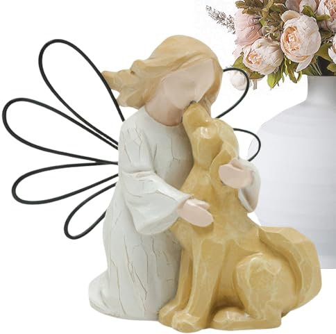 Figura Di Angelo Tenendo Un Cane,Figura Di Angelo Di Piccolo Cane - Statua Di Resina Ragazza Abbracciando Cucciolo | Angelo Con Cane, Angelo Dipinto A Mano Scultura Per Adozione Di Ma