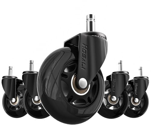 HOSALI Office Chair Wheels Replacement, Rubber Chairs Casters for Hardwood & Carpet Floors, 3 Inch Computer Desk Caster Wheel Set of 5, Black