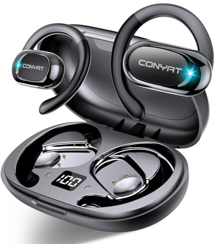 Conyat Open Ear Headphones, 58H Playtime Bluetooth 5.4 Wireless Earbuds with Immersive Stereo, Air Conduction Earphones with HD Mic, ENC Clear Calls/LED Display/IPX7 Waterproof Open Ear Earbuds, Black