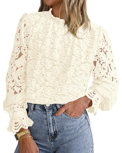 KIRUNDO Blouses for Women Dressy Casual Lace Long Sleeve Tops Mock Neck Ruffle Hem Shirts Fall Fashion Clothes(Apricot, Medium)