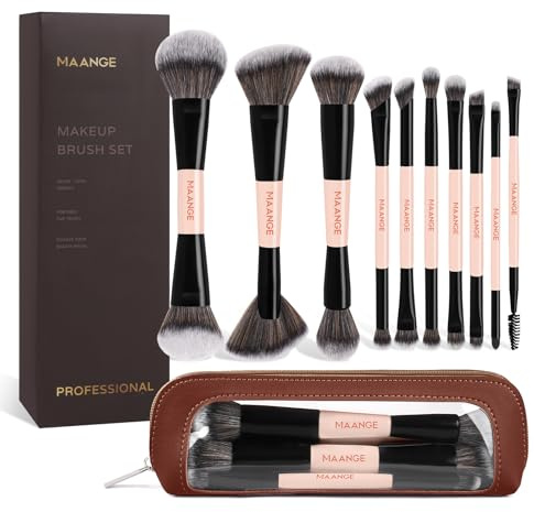 MAANGE Set di 10 pennelli da trucco a doppia estremità con custodia, pennelli professionali per fondotinta, correttore, sfumatura, ombretto in polvere