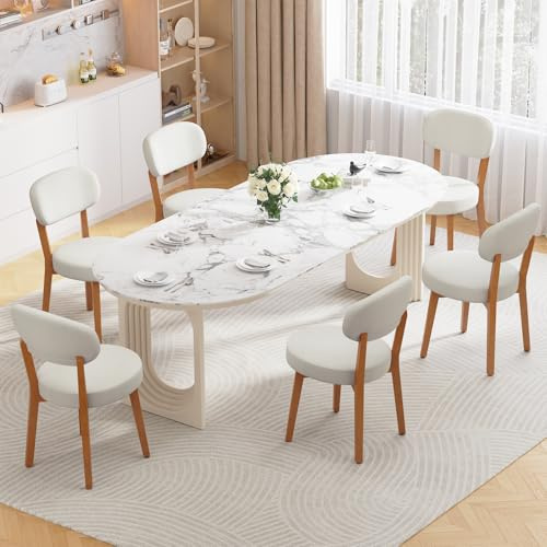 Ckaff Lot de 6 Chaises de Salle à Manger, Chaises de Cuisine en Lin, Fauteuil Salon Rembourrée avec Cadre en Bois Massif pour Salle à Manger Salon Cuisine Jardin, Beige