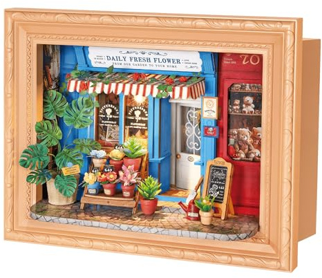 Rolife DIY Miniature Maison Atelier de Fleurs Flora – Puzzle 3D Bois 183 pièces Adultes, modèle emboîtement montable sur Mur avec LED Tactile, œuvre Murale encadrée pour déco intérieure