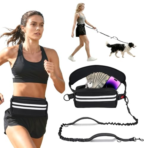 Guinzaglio da jogging per cani, a mano libera, con cintura addominale, guinzaglio per cani da corsa con cintura in vita, cuciture riflettenti 1,45 – 2 m, guinzaglio per cani di taglia media fino a 50
