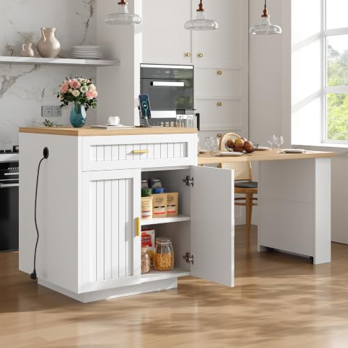 DHHU Îlot Central Cuisine Extensible avec Prises Intégrées, Meuble de Cuisine avec Portes Cannelées et Rangements, 121,5-192 cm, Blanc