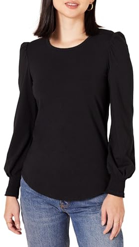 Amazon Essentials Camiseta de Manga Larga con Cuello Redondo y Puños Fruncidos Mujer, Negro, S