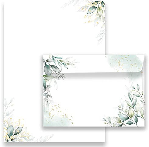 Briefpapier/Briefumschlag Set edel in Grün mit Blättern bedruckt 2 seitig A4 120 g/m² c6 80 g/m² von 10 bis 100 Blatt mit Umschlägen Kuvert vintage (30-20 Briefpapier MIT 10 Umschlägen)