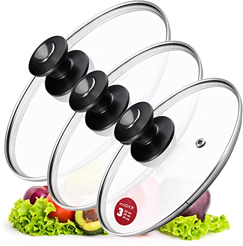 KADAX Topfdeckel-Set, Universaldeckel aus Glas mit griff, hitzebeständiger Deckel-set in verschiedenen Größen, Pfannendeckel-set, Glasdeckel für Topf, Pfanne (20+24+28cm, Schwarz&Silber griff)
