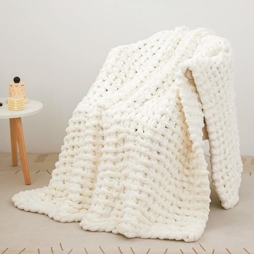 Chunky Knit Blanket, Chunky Knit Strickdecke Grob Soft Throw Blanket, Cozy Cable Knit Blanket 100% Hand Armstricken Wolle Crochet Blanket Dicke Wolle Sofa Bed Chair Weighted Thick Woven -White 40x50in