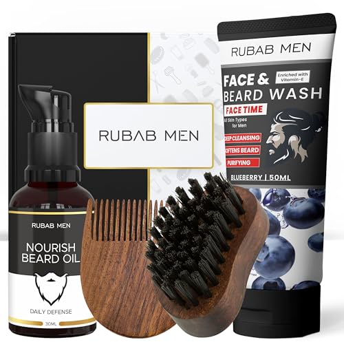 Rubab Men Kit de toilettage de barbe 4 en 1 pour homme | Soin complet avec huile à barbe Noursih, nettoyant visage et barbe, brosse à barbe en poils de nylon et peigne à barbe en bois – Le kit cadeau