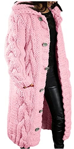 Kofta dam lång grovstickad jacka oversize lång kofta med knappar och huva, stora storlekar stickad kappa långärmad vintage stickad cardigan-kostymjacka med huva kofta