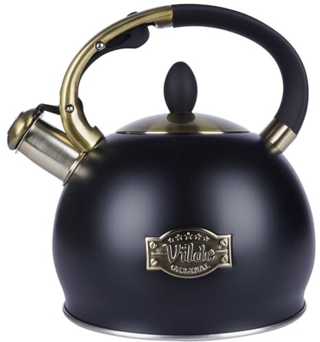Vilde Klassischer Edelstahl Wasserkessel Induktion - 3L - Matte Schwarz/Antik Gold - Soft-Touch-Griff - Automatische Pfeife - Schnell Erhitzen - Für Alle Herdarten - Energiesparend - 22,5 cm Höhe