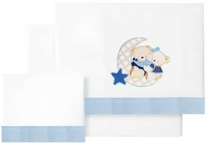 Juego de Sábanas para Cuna Bebé 60x120 cm, 100% Algodón Extra Suave, Incluye Bajera Ajustable, Encimera y Funda de Almohada, Ropa de Cama Infantil Transpirable Amoroso Color BCO/Azul