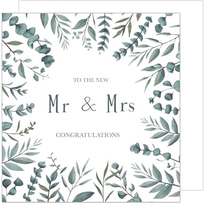 Edition Seidel Premium quadratische Glückwunschkarte zur Hochzeit mit Umschlag. Hochzeitskarte Grußkarte Vermählung Just Married Mr. & Mrs. Zweige Eukalyptus (HQ102 SW024)