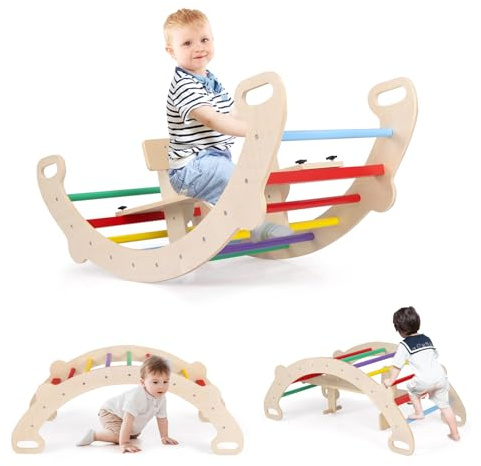 COSTWAY 4 in 1 Arrampicata per Bambini, Arco Cavallo a Dondolo Multifunzionale in Legno, Dondolo a 35°, Ideale per Bambini 1-5 Anni, 112 x 52 x 44 cm (Colorato)