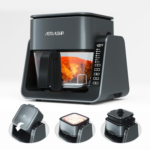 Astralship Glass Air Fryer, 2-in-1 Flip Airfryer & Grill Combo, Non-Toxic Teflon Free (No Plastic Smell), 360° Visible Cooking, 7 Presets, Compact for 1-2 People, 5.5QT Total Capacity, Dishwasher Safe