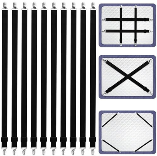 mauuuba 10 Piezas Tensores de Sábanas Ajustables 65-240 cm, Correas Elásticas Negras con Clips de Metal para Sábanas, Tabla de Planchar, Colchón, Sofá