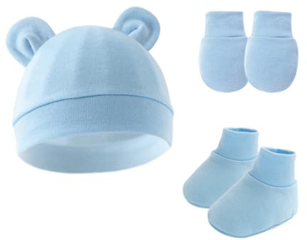 Hybursky Newborn Baby Beanie Hat and Gloves Socks 3 Pack Cotton Newborn Hospital Nursing Hats Accessories for Infant Boys Girls Unisex 0-6 Months | Cotton Newborn Hats Hospital Nursing Hats Accessories for Infant Boys Girls Unisex Newborn Baby Clothes Spring Summer Fall