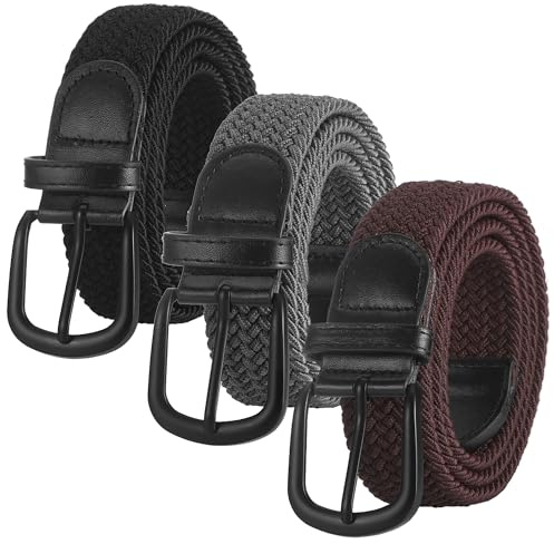 Huiguli 3 Pezzi Cintura Elastica Intrecciata, Cintura in Tessuto Elastico Stretch con Fibbia in Lega, Cinture da Uomo Donna per Jeans Pantaloni, Nero Marrone e Grigio, Senza Buchi, 3.5 * 110cm