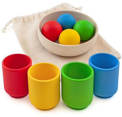 Ulanik Bollar i Koppar Startset Montessori Leksak från 1 År | Öppet sorteringsset i trä; 4 grundfärger; skål och påse för enkel förvaring