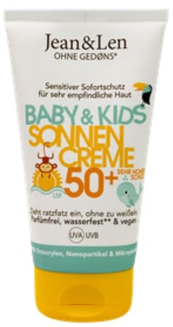 Jean & Len Sensitiv crema solar Baby & Kids SPF 50+, sin perfume, resistente al agua, para piel infantil sensible desde los 6 meses, sin octocrileno, vegano, solar infantil, 100 ml