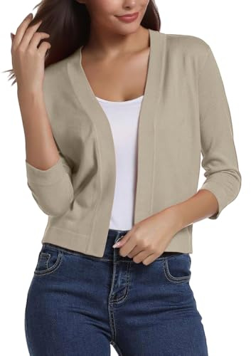 Womens Cardigans Casual 3/4 Sleeve Plain Open Front Cropped Shirt Lightweight Fitted Tops for Ladys Fashion Elegant Spring Shrugs
