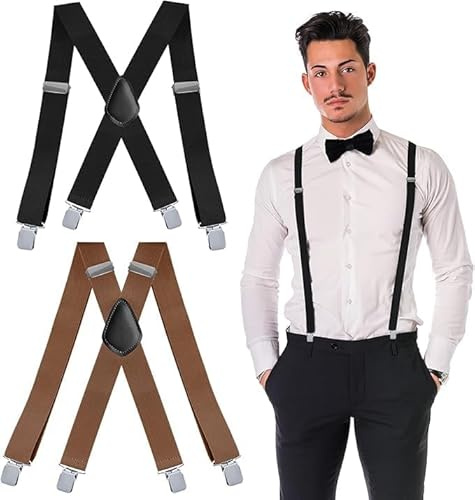 Toivize Set di 2 Bretelle da Uomo Extra Resistenti con 4 Clip Robuste, Bretelle Elastiche da Uomo Larghe 3,5 cm, Regolabili in Forma di X per Salopette, Jeans, Pantaloni da Lavoro
