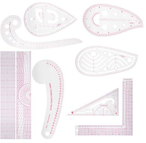 9 st mångsidiga linjalset för kläder med hög precision PVC-sömnadsmall för modedesigners och skräddare Transparent röd skala