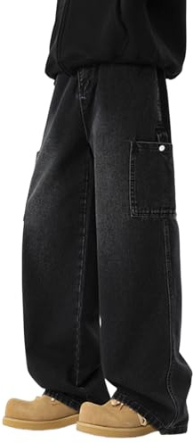 PADOLA Jean Homme Baggy Taille Elastique avec Bouton Pantalon Cargo Multi-Poches Loose Fit Jeans à Jambe Large Décontracté Y2K Pantalon de Travail Coupe Droite Denim Streetwear