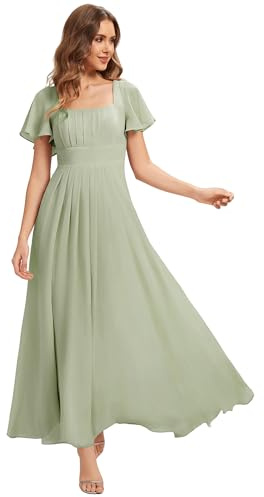Ever-Pretty Abiti da Damigella Collo Quadrato Maniche Corte Chiffon Maxi Gonna Svasata Menta Verde 50