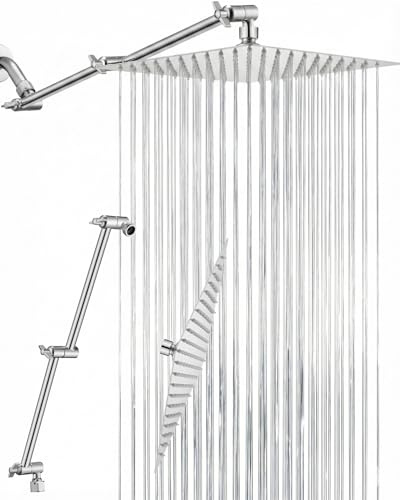 All Metal Rain Shower Head, 10'' High Pressure Rainfall Square Showerhead with 16 Shower Head Extension Arm, Stainless Steel Adjustable Shower Arm Extender, Waterfall fixed Showerheads, Chrome