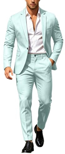 Generisch Traje de hombre de corte ajustado, traje de negocios a rayas, traje de dos piezas, chaqueta y pantalones de negocios, ocio, graduación, verano, playa, boda, traje de boda, 2 piezas, verde