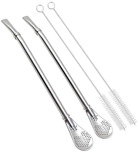 GFDesign Yerba Mate Bombilla Gourd Drinking Filter Straws Stirrer Food-Grade 18/8 Stainless Steel - Set of 2 with 2 Cleaning Brushes - 7.5 Inches Long