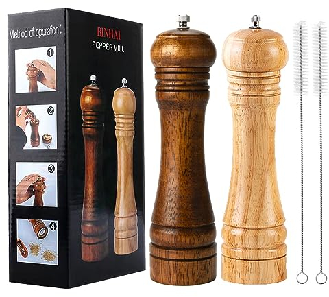 BINHAI Wooden Pepper Mill Set Salt Pepper Grinder Kit Manual Mills Solid with Strong Adjustable Ceramic Grinders 2 Piece 8 Inches