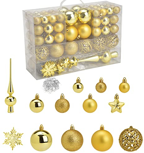 WOMA Christbaumkugeln Set Lemon Gold & 19 weiteren Farben - 111er Weihnachtskugeln Set inkl. Metallhaken - Weihnachtskugeln Kunststoff - Weihnachtsbaum Deko & Christbaumschmuck